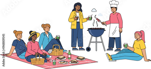 Outdoor picnic scene with friends enjoying barbecue and drinks on a checkered blanket in a park setting, celebrating summer leisure