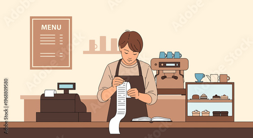 Barista checking long receipt at coffee shop counter with menu and espresso machine