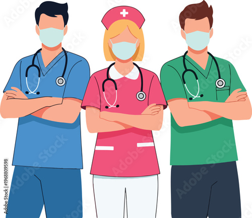 Team of medical professionals, including doctors and a nurse, wearing face masks and stethoscopes, standing confidently with crossed arms