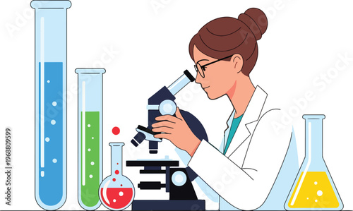 Female scientist wearing glasses and a lab coat looking into a microscope with various test tubes and flasks nearby