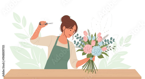 Florist Arranging Bouquet of Fresh Flowers, Woman Working with Plants