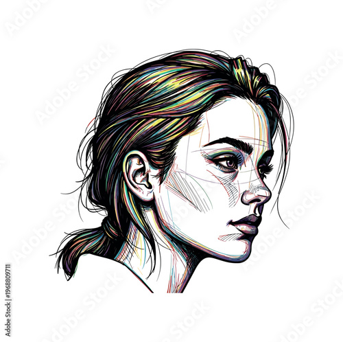 Vibrant abstract portrait of a woman with colorful hair and expressive eyes