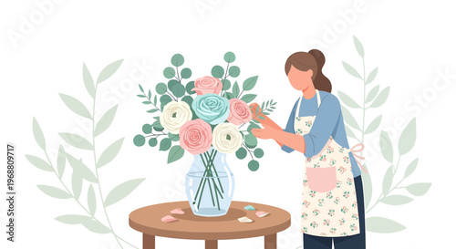 Florist Arranging Fresh Flowers in a Vase on a Table, Home Decor and Floral Design