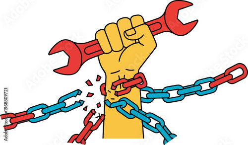 Fist holding wrench breaking chain symbolizing freedom and strength against oppression on gray background