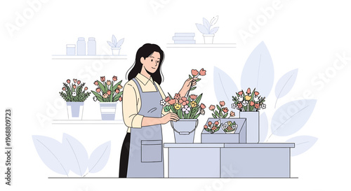 Florist arranging fresh flowers in a shop, creating beautiful bouquets and floral arrangements