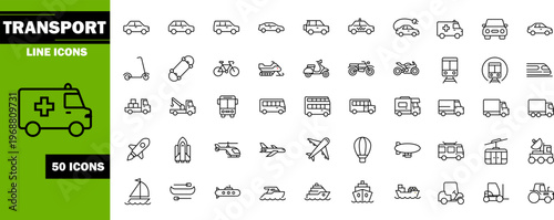 Transport Line Icons Set Vector 50 Vehicles Cars Ships Planes Black Outline