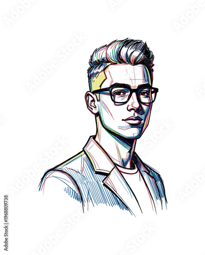 Stylish young man with glasses and modern haircut, artistic sketch