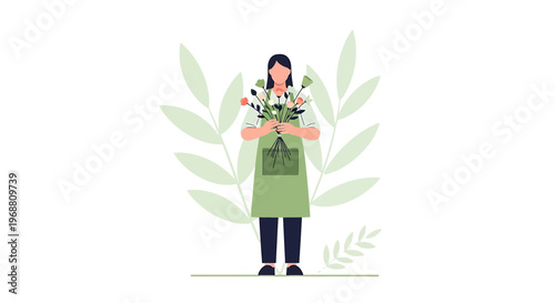 Florist Woman Holding Bouquet of Flowers, Wearing Apron, Green Leaves Background