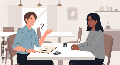 Two women discussing finances at a cafe table with calculator and notebook