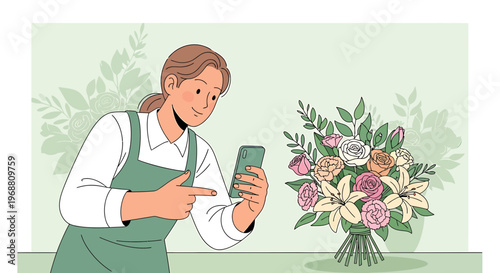 Florist woman taking photo of bouquet on smartphone for online order, small business concept