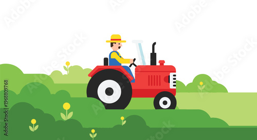 Farmer driving red tractor through green fields with hills and flowers on sunny day in countryside