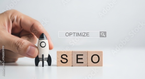SEO search engine optimization concept, wooden blocks with SEO text and rocket toy, digital marketing strategy for website ranking growth