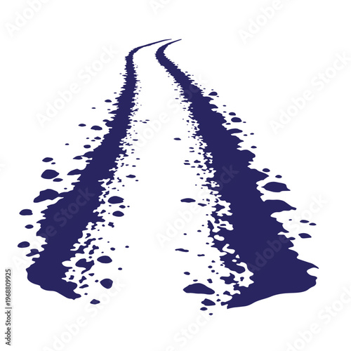 Dark blue tire tracks receding into the distance with splattered ink texture and rough edges on a white background