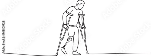 amputated led person using crutches for support, walking carefully Highlights the importance of mobility aids in daily life and recovery. one line art icon drawing vector