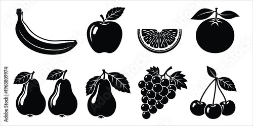 Fruit icons set including banana apple orange grape pear and cherry black silhouettes isolated on white background.