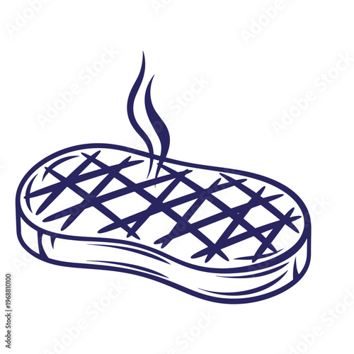 Dark blue line of a grilled beef steak with crosshatch sear marks and rising steam swirls isolated on a white background
