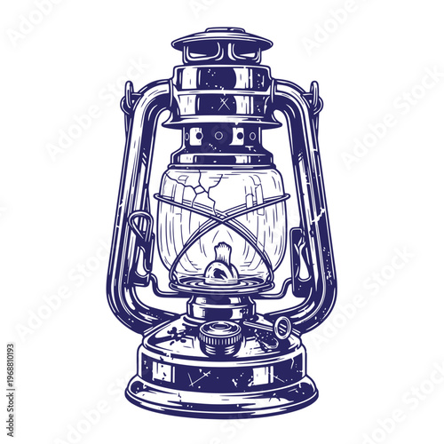 Detailed ink of a vintage kerosene lantern with a cracked glass globe and metal frame rendered in a dark blue monochromatic style on a white background
