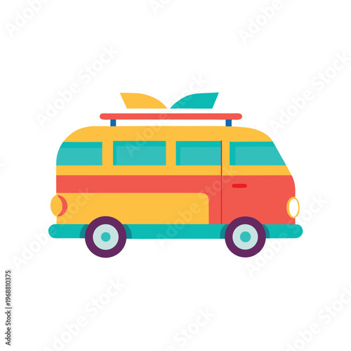 Retro red and yellow summer bus with surfboards flat icon design isolated on white background
