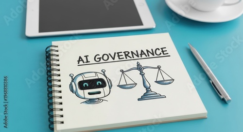 AI Governance concept on spiral notebook, artificial intelligence ethics and regulation, robot and justice scales sketch on office desk