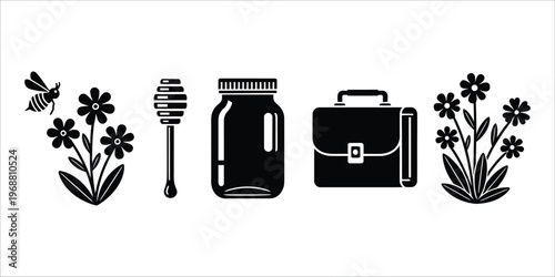 Nature and business icons set including honey bee flowers honey jar and briefcase black silhouette.