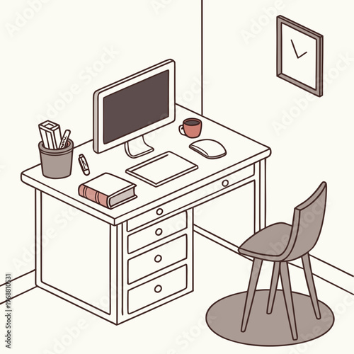 A desk with a computer and chair in a room