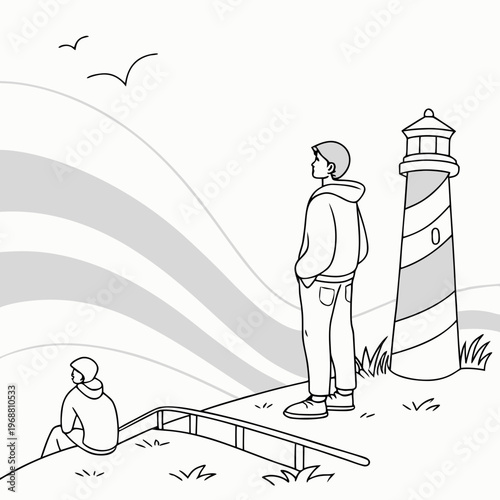 Man and woman at a scenic viewpoint by a lighthouse