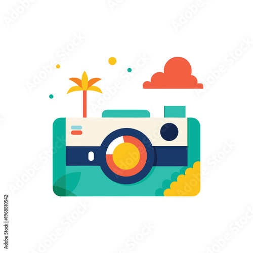 Vintage photo camera icon with tropical palm tree and cloud representing travel memories