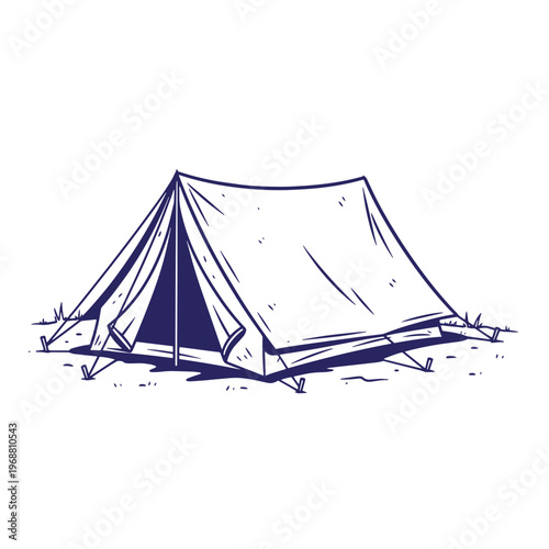 Hand drawn of a simple a frame camping tent pitched on the ground with open front flaps and visible stakes on a white background
