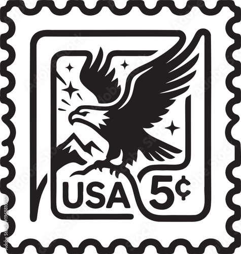 Vintage american postage stamp design featuring eagle and mountains.