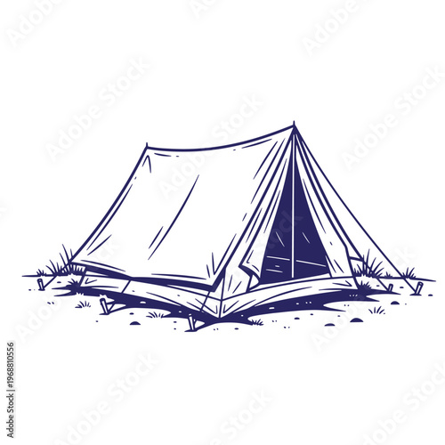 Hand drawn of a dark blue camping tent pitched on grassy ground with tent stakes and grass tufts isolated on a white background