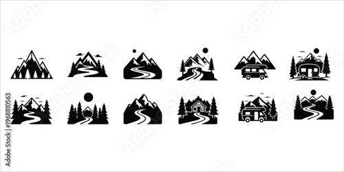 Mountain landscape and camping icons set including forest road van and cabin black silhouettes vector.