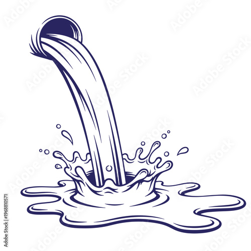 Dark blue line of water pouring from a circular pipe creating a splash and puddle on a white background