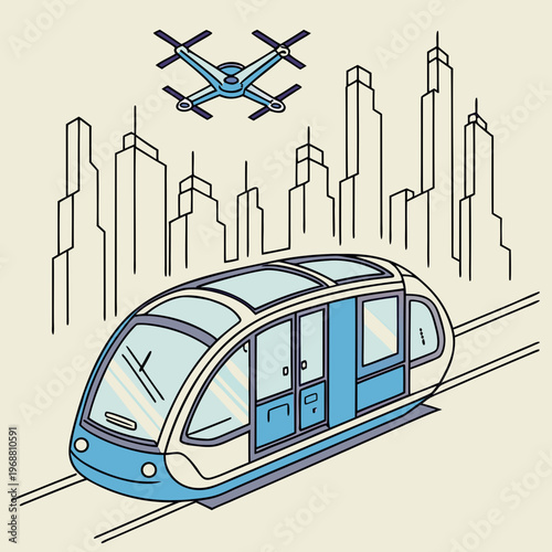 A blue and white train traveling down a track with a city skyline and a drone