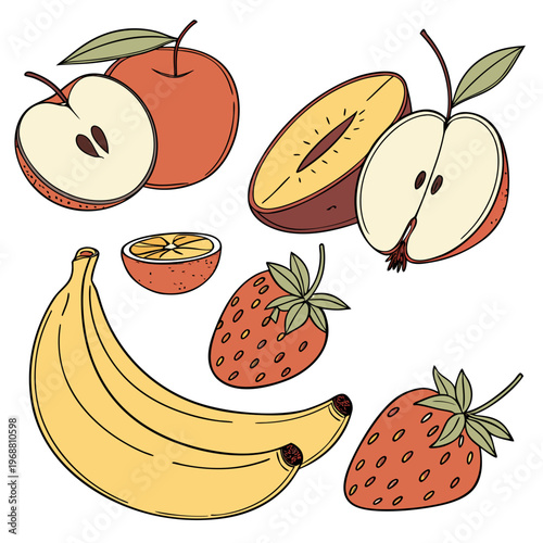 A colorful illustration of fruit including bananas and apples and strawberries