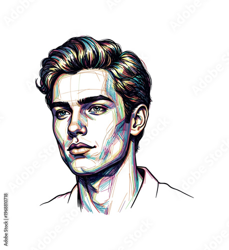 Vibrant line art portrait of a stylish young man with colorful hair and intense gaze