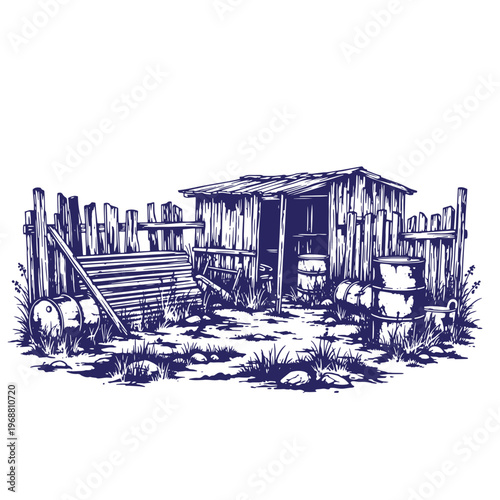 Ink of a weathered wooden shack with a corrugated metal roof surrounded by a picket fence and scattered metal barrels on a grassy patch of ground with rocks and weeds