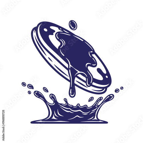 Dark blue monochromatic of a round sandwich cookie falling into a splash of liquid chocolate or milk with droplets flying in the air on a white background