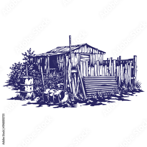 Ink of a weathered wooden shack with corrugated metal siding and a picket fence featuring two steel barrels in the foreground on a white background
