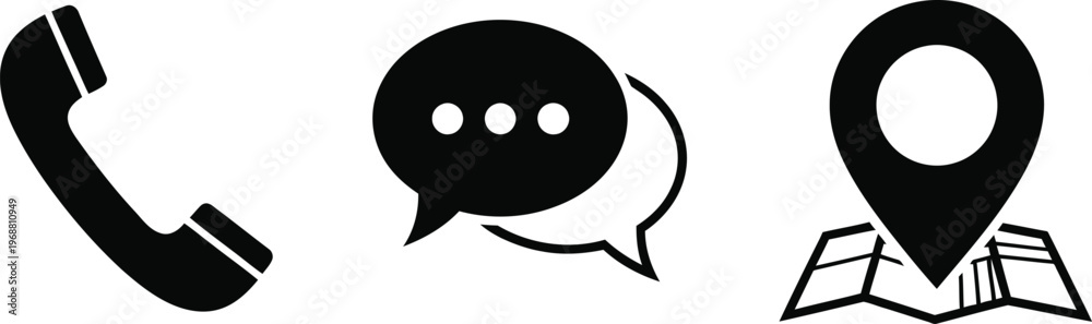 Fototapeta premium Communication icons phone chat bubble and map pin on transparent background