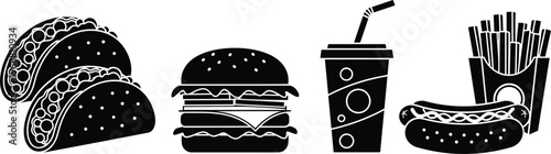 A monochromatic illustration showcases various fast food items including tacos a burger a drink fries and a hotdog high quality professional detailed modern