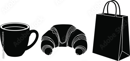 Breakfast and shopping icons coffee cup croissant and paper bag