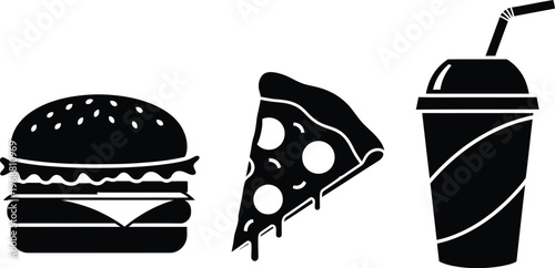 Fast food icons burger pizza slice and drink on transparent background