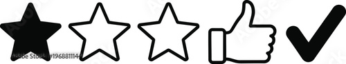 Five stars, thumbs up hand gesture, and check mark icons vector set