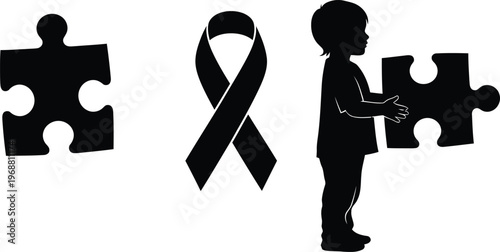 Autism awareness concept child puzzle and ribbon icons