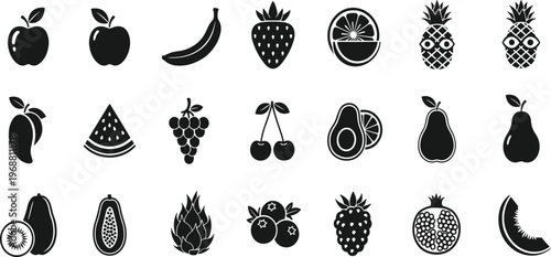 A collection of various fruit icons is displayed in a simple black silhouette style against a plain white background high quality professional detailed