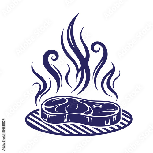 Dark blue of a raw steak cooking on a circular grill grate with stylized swirling steam rising from the meat surface isolated on a white background