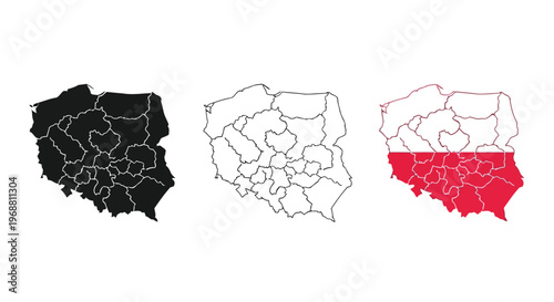 Geographical and political division maps of poland with regional highlighting Vector