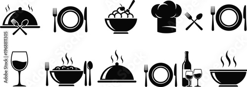 A collection of black silhouette icons depicts various dining elements including food cookware and serving utensils high quality professional detailed modern elegant stylish