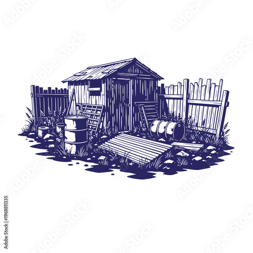 Wood shed in a backyard with a wooden fence metal barrels and corrugated sheets in a dark blue monochromatic ink style