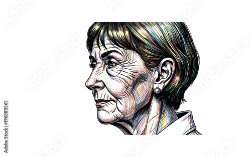 Detailed profile illustration of an elderly woman with colorful, expressive linework
